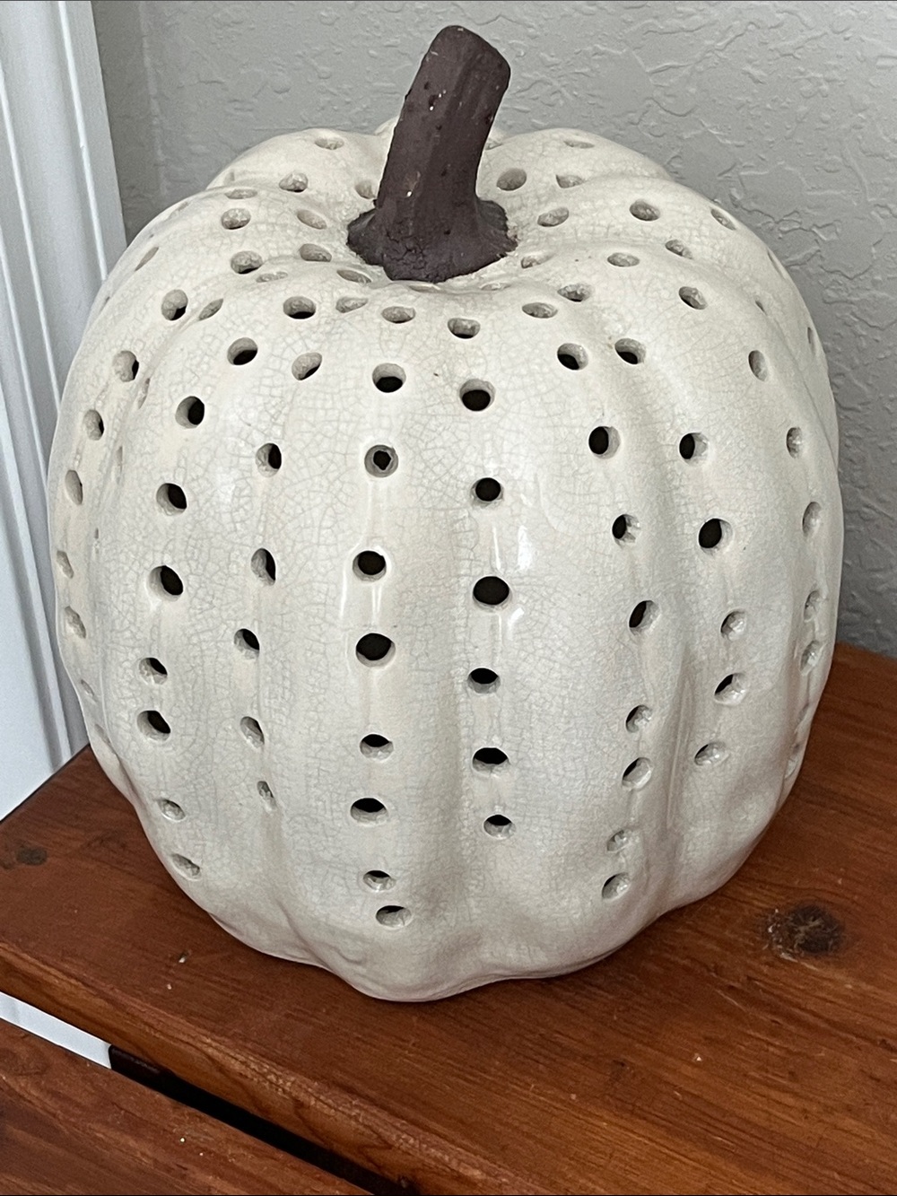 Fairytale Crackle Stoneware cream Pumpkin by PZ Home Use w Flameless Candle 9x11